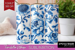 Blue Toile Flowers Tumbler Wrap - Chinoiserie Tumbler PNG Product Image 1