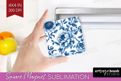 Blue Toile Flowers Magnet Sublimation - Chinoiserie Square Product Image 1