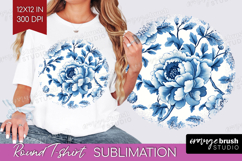 Blue Toile Flowers Round Tshirt Background - Chinoiserie PNG Product Image 1