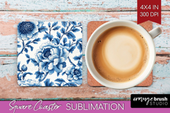 Blue Toile Flowers Square Coaster - Chinoiserie Coaster PNG Product Image 1