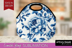 Blue Toile Flowers Lunch Bag - Chinoiserie Lunch Bug PNG Product Image 1