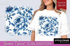 Blue Toile Flowers Square Tshirt Background - Chinoiserie Product Image 1