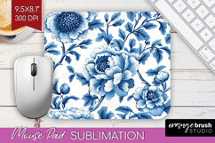 Blue Toile Flowers Mouse Pad Sublimation - Chinoiserie PNG Product Image 1