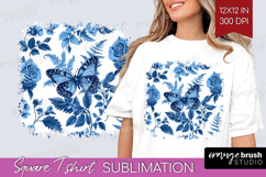Blue Toile Flowers Square Tshirt Background - Chinoiserie Product Image 1