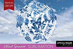 Blue Toile Flowers Wind Spinner Sublimation PNG - Round Product Image 1