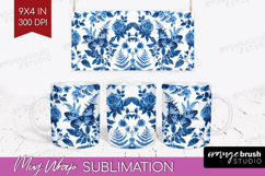 Blue Toile Flowers Mug Wrap - Chinoiserie Mug PNG Product Image 1