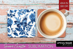 Blue Toile Flowers Square Coaster - Chinoiserie Coaster PNG Product Image 1