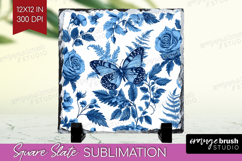 Blue Toile Flowers Slate PNG - Chinoiserie Square Slate Product Image 1