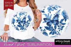 Blue Toile Flowers Round Tshirt Background - Chinoiserie PNG Product Image 1