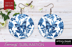 Blue Toile Flowers Round Earrings - Chinoiserie PNG Product Image 1