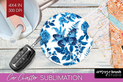 Blue Toile Flowers Car Coaster - Chinoiserie Coaster PNG Product Image 1