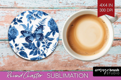 Blue Toile Flowers Round Coaster - Chinoiserie Coaster PNG Product Image 1