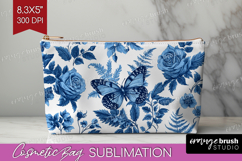 Blue Toile Flowers Cosmetic Bag - Chinoiserie Makeup Bag PNG Product Image 1