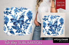 Blue Toile Flowers Tote Bag - Chinoiserie Tote Bag PNG Product Image 1