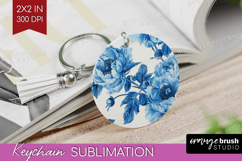 Blue Toile Flowers Keychain PNG - Chinoiserie Keychain Product Image 1