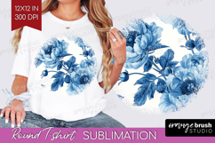Blue Toile Flowers Round Tshirt Background - Chinoiserie PNG Product Image 1