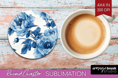 Blue Toile Flowers Round Coaster - Chinoiserie Coaster PNG Product Image 1