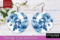 Blue Toile Flowers Round Earrings - Chinoiserie PNG Product Image 1