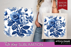 Blue Toile Flowers Tote Bag - Chinoiserie Tote Bag PNG Product Image 1