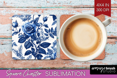 Blue Toile Flowers Square Coaster - Chinoiserie Coaster PNG Product Image 1