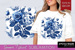 Blue Toile Flowers Square Tshirt Background - Chinoiserie Product Image 1