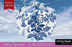 Blue Toile Flowers Wind Spinner Sublimation PNG - Round Product Image 1