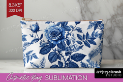 Blue Toile Flowers Cosmetic Bag - Chinoiserie Makeup Bag PNG Product Image 1