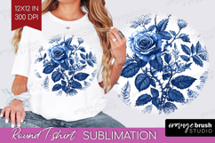 Blue Toile Flowers Round Tshirt Background - Chinoiserie PNG Product Image 1