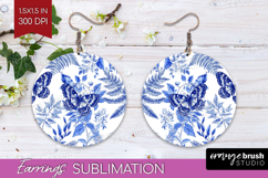 Blue Toile Flowers Round Earrings - Chinoiserie PNG Product Image 1