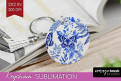 Blue Toile Flowers Keychain PNG - Chinoiserie Keychain Product Image 1