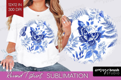 Blue Toile Flowers Round Tshirt Background - Chinoiserie PNG Product Image 1