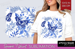 Blue Toile Flowers Square Tshirt Background - Chinoiserie Product Image 1
