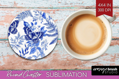 Blue Toile Flowers Round Coaster - Chinoiserie Coaster PNG Product Image 1