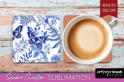 Blue Toile Flowers Square Coaster - Chinoiserie Coaster PNG Product Image 1