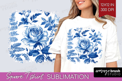 Blue Toile Flowers Square Tshirt Background - Chinoiserie Product Image 1