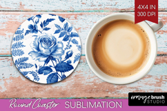 Blue Toile Flowers Round Coaster - Chinoiserie Coaster PNG Product Image 1