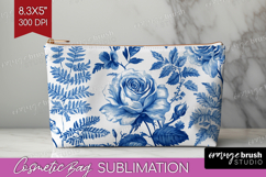 Blue Toile Flowers Cosmetic Bag - Chinoiserie Makeup Bag PNG Product Image 1
