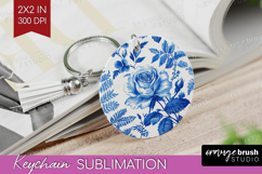 Blue Toile Flowers Keychain PNG - Chinoiserie Keychain Product Image 1