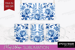 Blue Toile Flowers Mug Wrap - Chinoiserie Mug PNG Product Image 1