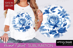 Blue Toile Flowers Round Tshirt Background - Chinoiserie PNG Product Image 1