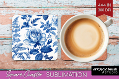 Blue Toile Flowers Square Coaster - Chinoiserie Coaster PNG Product Image 1