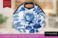 Blue Toile Flowers Lunch Bag - Chinoiserie Lunch Bug PNG Product Image 1