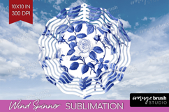 Blue Toile Flowers Wind Spinner Sublimation PNG - Round Product Image 1