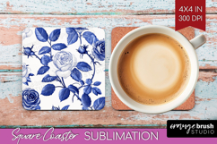 Blue Toile Flowers Square Coaster - Chinoiserie Coaster PNG Product Image 1
