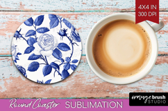 Blue Toile Flowers Round Coaster - Chinoiserie Coaster PNG Product Image 1