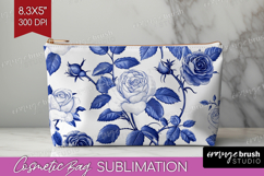 Blue Toile Flowers Cosmetic Bag - Chinoiserie Makeup Bag PNG Product Image 1