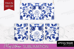 Blue Toile Flowers Mug Wrap - Chinoiserie Mug PNG Product Image 1