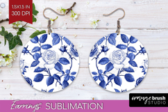 Blue Toile Flowers Round Earrings - Chinoiserie PNG Product Image 1