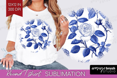 Blue Toile Flowers Round Tshirt Background - Chinoiserie PNG Product Image 1