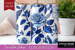 Blue Toile Flowers Tumbler Wrap - Chinoiserie Tumbler PNG Product Image 1